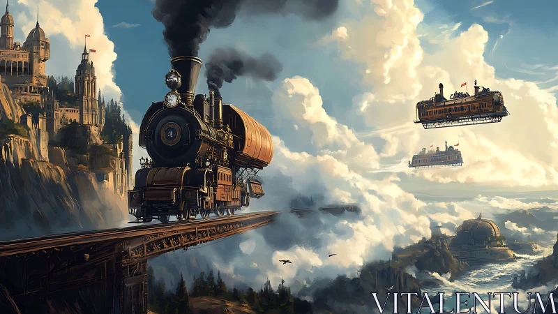 Steam-powered sky train glides above clouds toward cliff city
