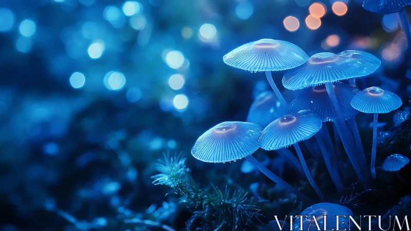 Bioluminescent mushrooms glow under deep blue forest bokeh.