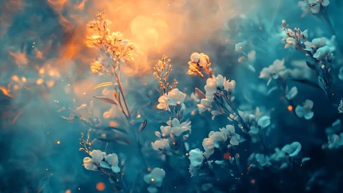 Warm-Cool Gradient Floral Bokeh: Illuminated White Blossoms Against Teal Haze