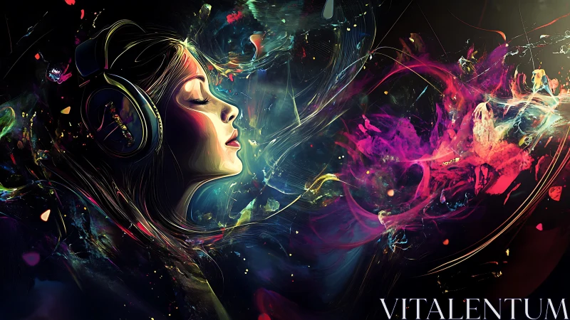 Digital painting portrait with chromatic audio waveforms flow.