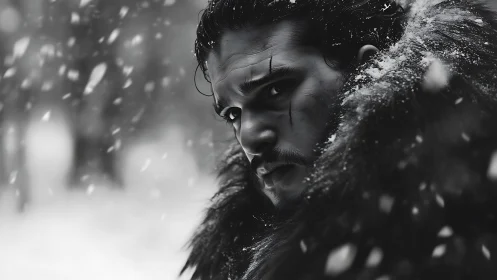Cinematic monochrome portrait of scarred warrior in dense snowfall