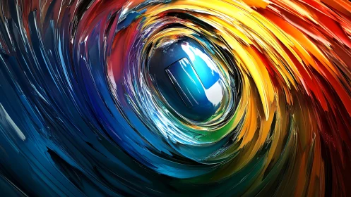 Spiraling rainbow vortex wrapped around a glowing blue core.