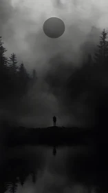 Lone figure under dark sphere in dense foggy forest.