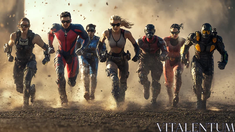 Futuristic heroes sprint through dust toward bold horizons.