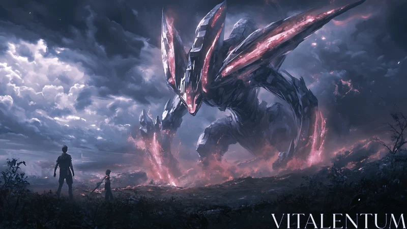 Colossal mechanoid confronting two figures in stormy wasteland.