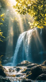 Sunlit forest waterfall captures volumetric light and motion