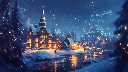 Cozy winter village glowing beside a peaceful icy river.