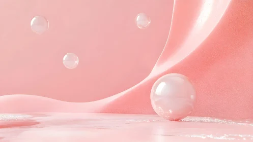 Soft Pink Surreal Abstract Scene with Floating Bubbles in 3D Style.