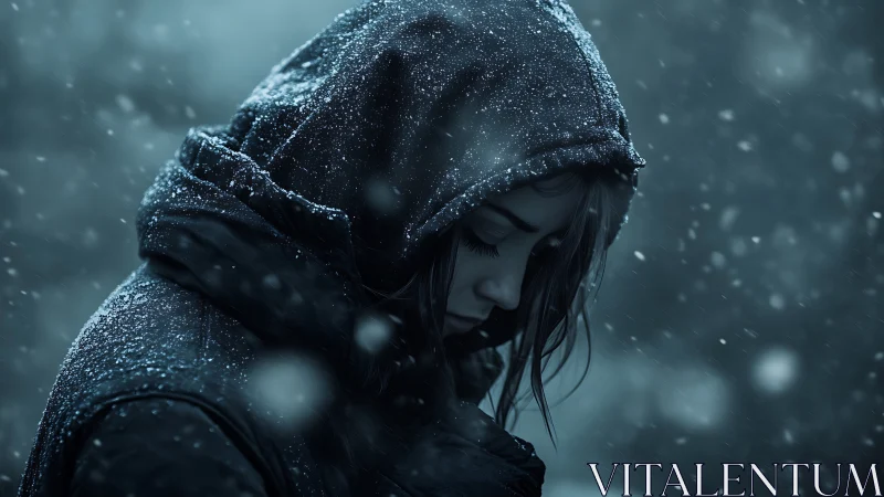 Hooded woman stands alone in falling snow and quiet sorrow