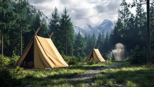 Canvas tents positioned in coniferous forest with mountain backdrop.