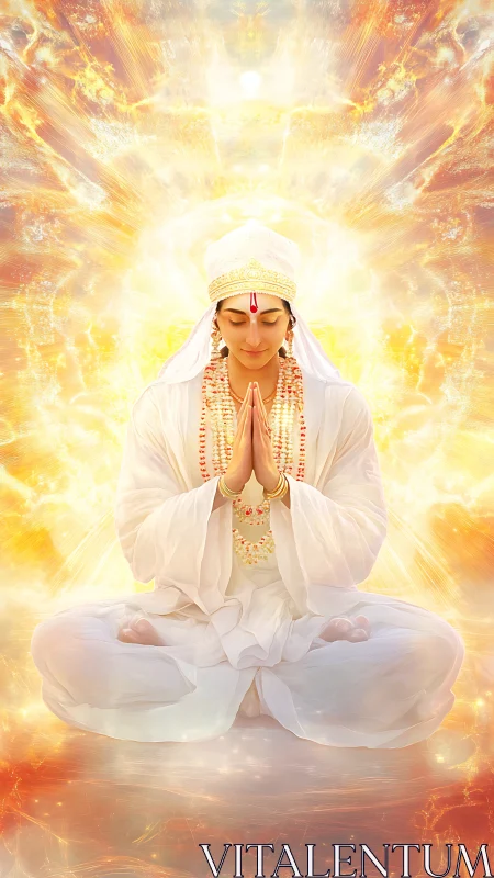 Meditating sage radiates golden spiritual light halo