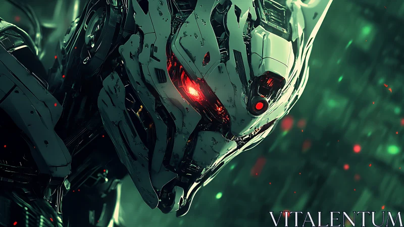 Cybernetic war machine locks target with glowing crimson optics