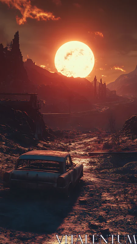 Rusty car greets a giant sun over a lonely ruined road