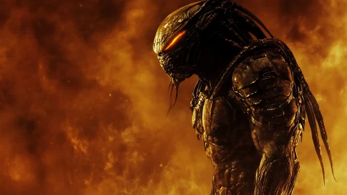 Armored alien hunter in infernal backlit profile shot.