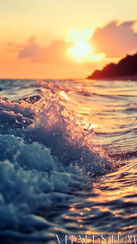 Ocean surface captures breaking wave under low sunset light
