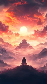 Monk Silhouette Before Distant Temple At Fiery Sunrise.