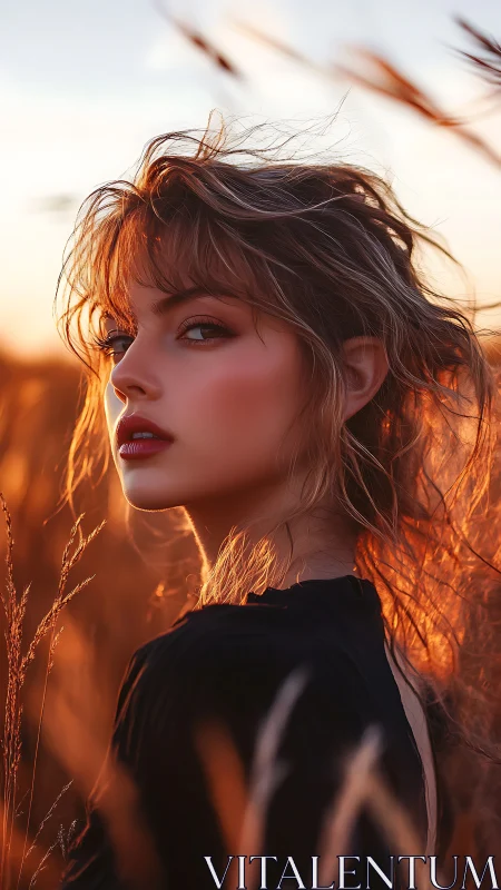 Young woman in golden field at sunset, side profile portrait.