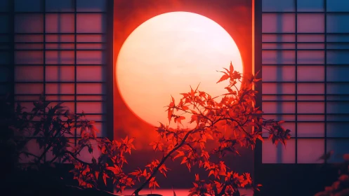 Large sun behind shoji panels with foreground maple branch.