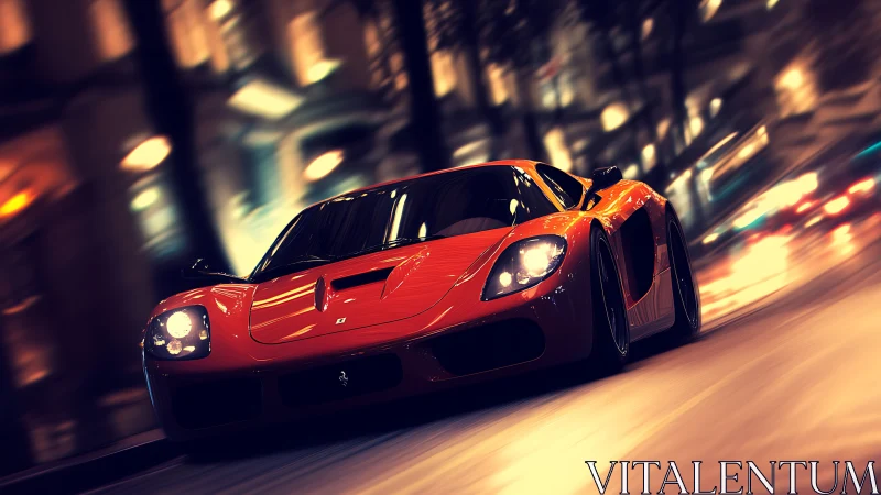 Red supercar racing through blurred neon city streets.