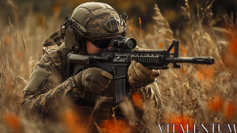 Soldier in camouflage aiming rifle in dry field environment.