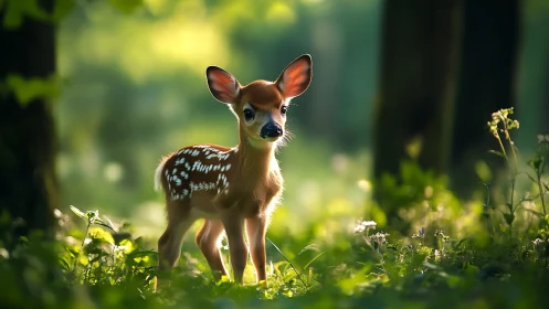 Young spotted fawn under soft backlit forest canopy glow.