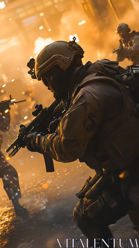 Tactical assault squad in urban firefight with dynamic lighting