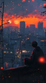 Solitary figure watches neon city under burning sunset sky