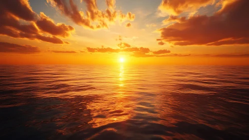Sun sets over calm ocean horizon under dense orange clouds