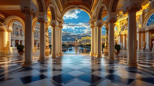 Neoclassical arcade with reflective canal vista in golden light.