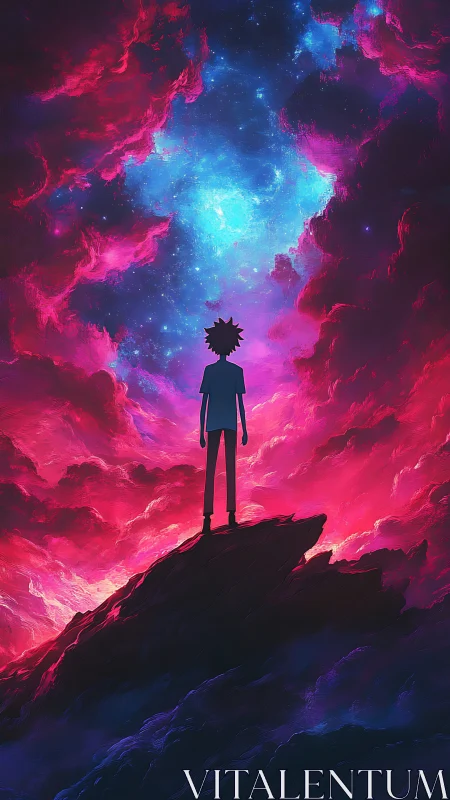 Silhouetted figure contemplates a luminous cosmic sky