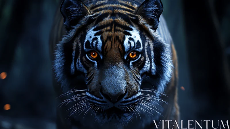 Bioluminescent-eyed tiger advances through a low-key forest