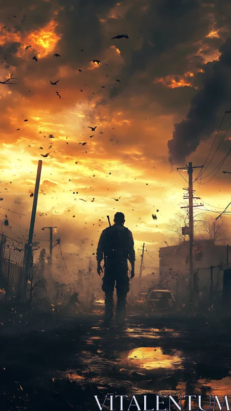 Lone figure walks through ruined street under burning sky