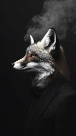 Elegant anthropomorphic fox in suit exhales curling smoke.