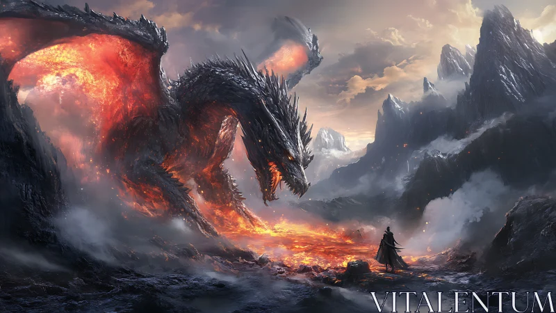 Lava-forged dragon confronting lone figure in volcanic pass.