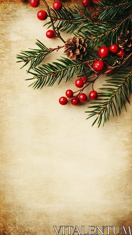 Rustic Christmas sprigs and berries on storybook parchment.
