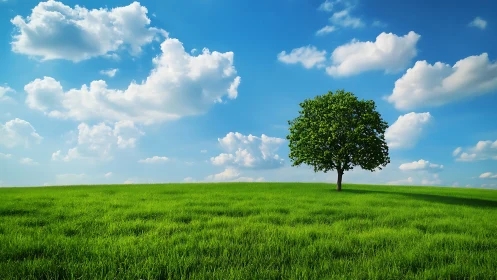 Lone green tree on grassy hill under bright blue sky with clouds.