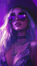 Neon-lit portrait of glam woman in reflective sunglasses.