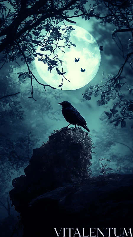 Nocturnal raven silhouette under luminous full moon glow.