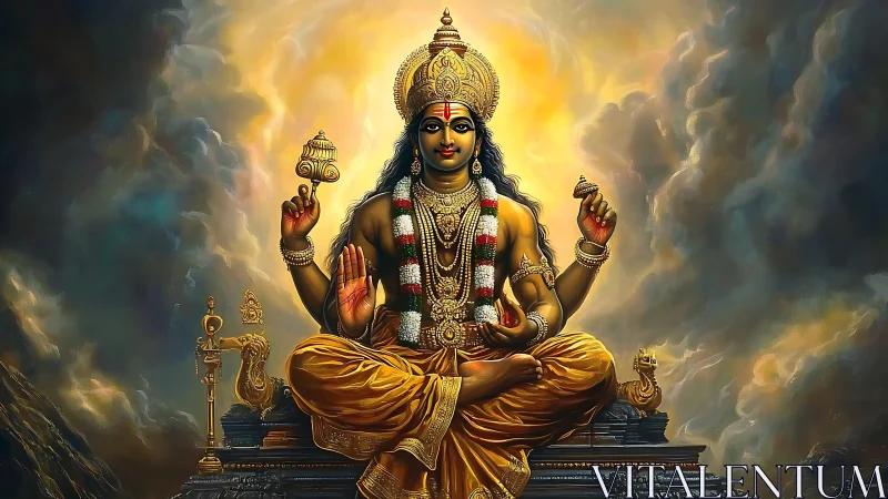 Radiant divine deity seated in swirling celestial stormlight.