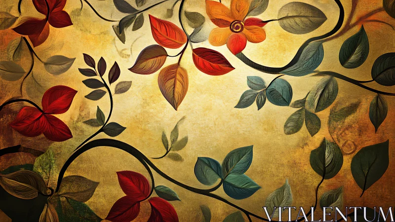 Chromatic vine network over textured ochre field surface.