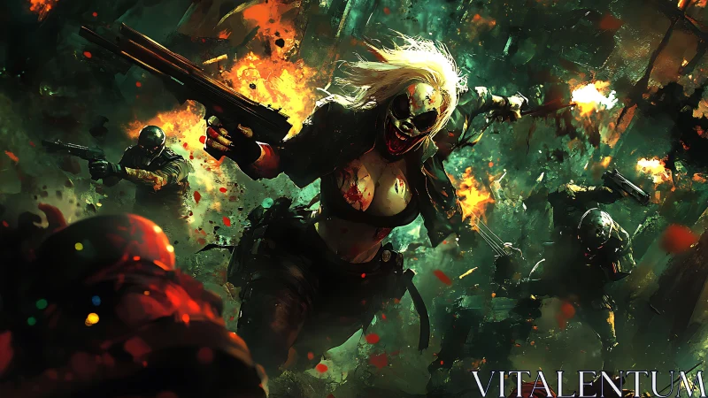 Masked war goddess charging through burning urban chaos.