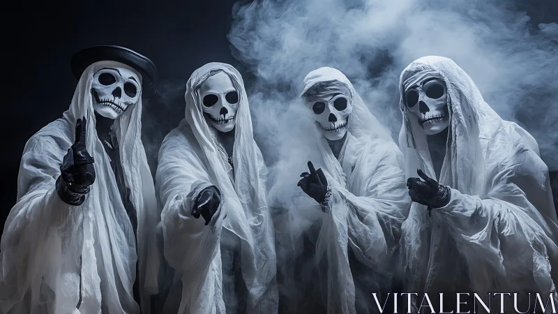 Four skeletal ghosts emerge from swirling blue stage smoke