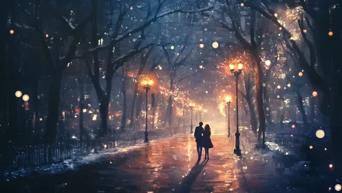 Two figures silhouetted in glowing urban park at twilight