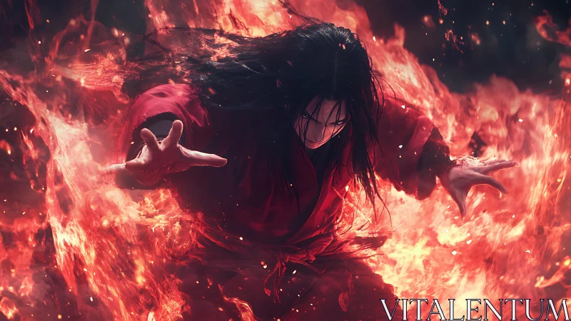 Male figure in red robe controls surrounding fire elements