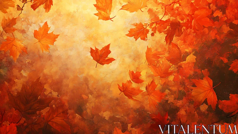 Golden autumn leaves swirling in warm orange light.