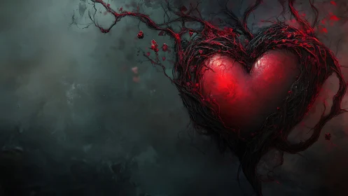 Luminous heart shape with dark tendrils against muted background.