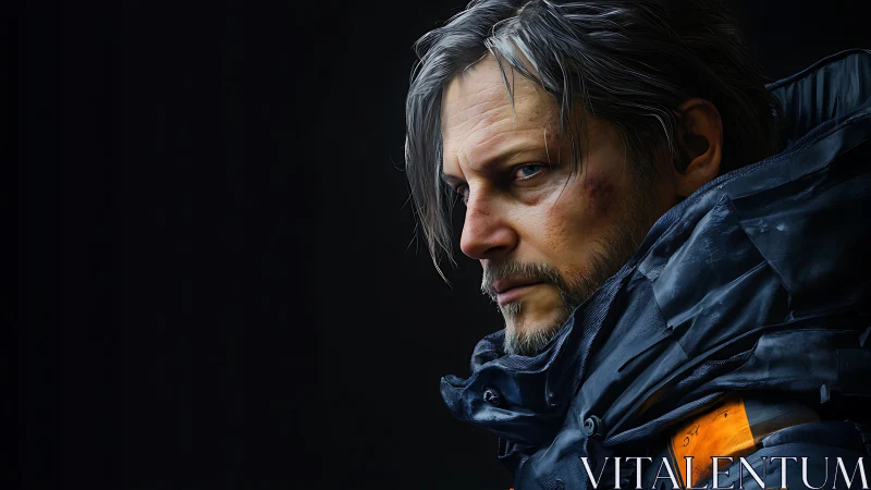 Weathered sci-fi wanderer gazes ahead in harsh silence.