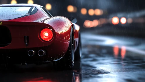 Red sports car rear view on wet night city road.