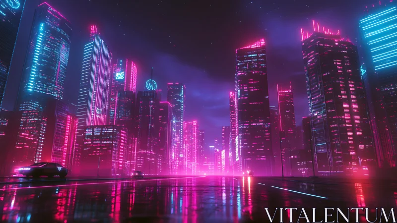 Cyberpunk neon megacity skyline with reflective wet roadway.
