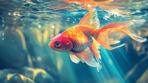 Vibrant goldfish swims through sunlit blue water column
